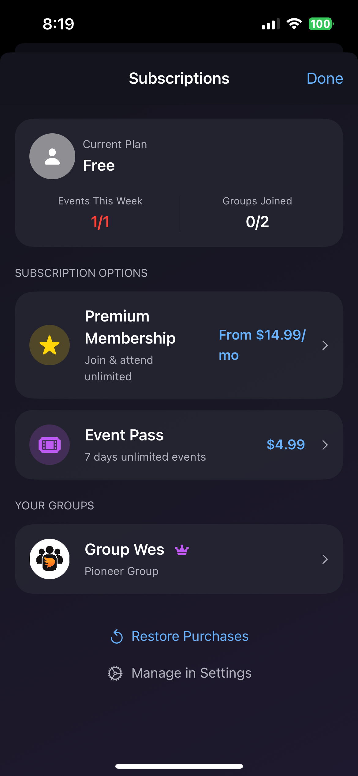 Subscriptions Screen - Group Wingmen App