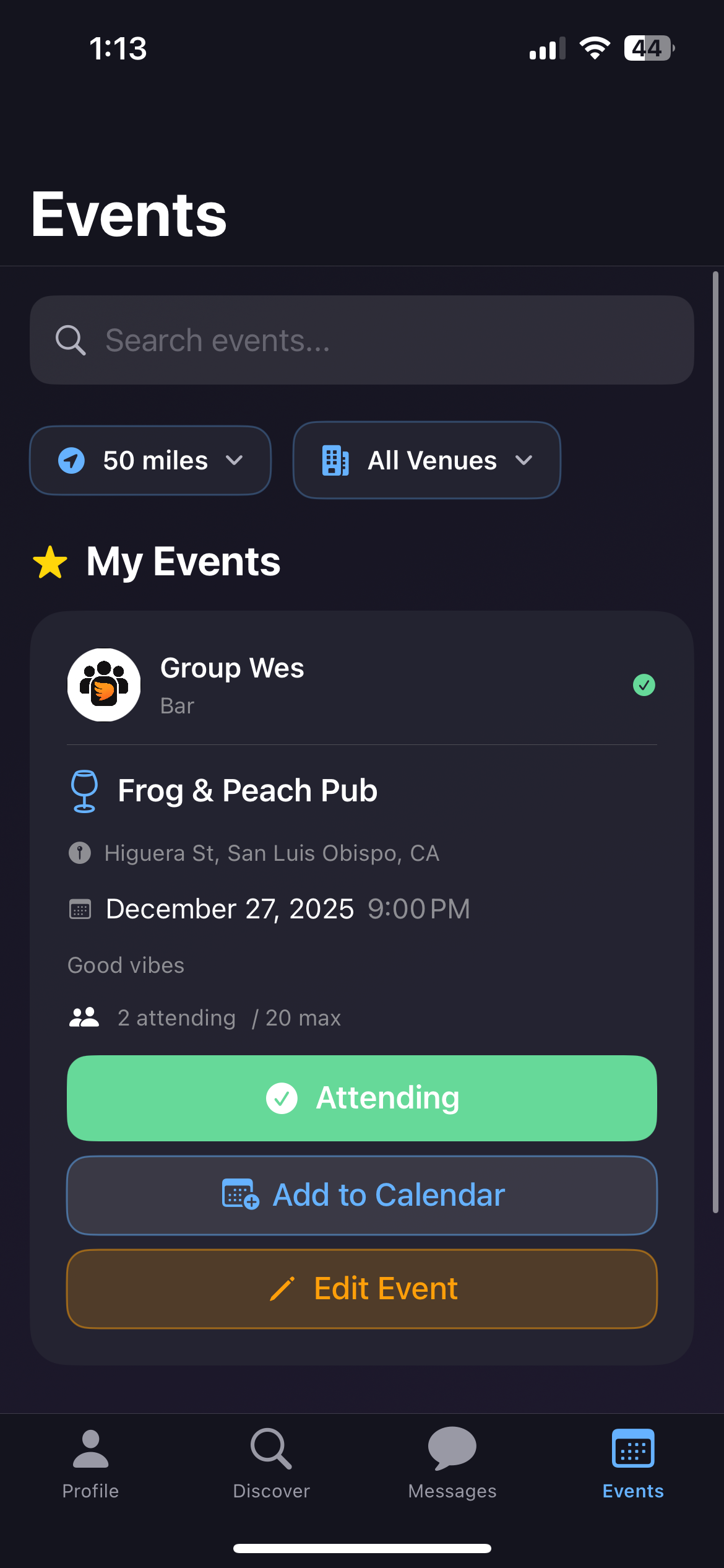 Events List Screen - Group Wingmen App